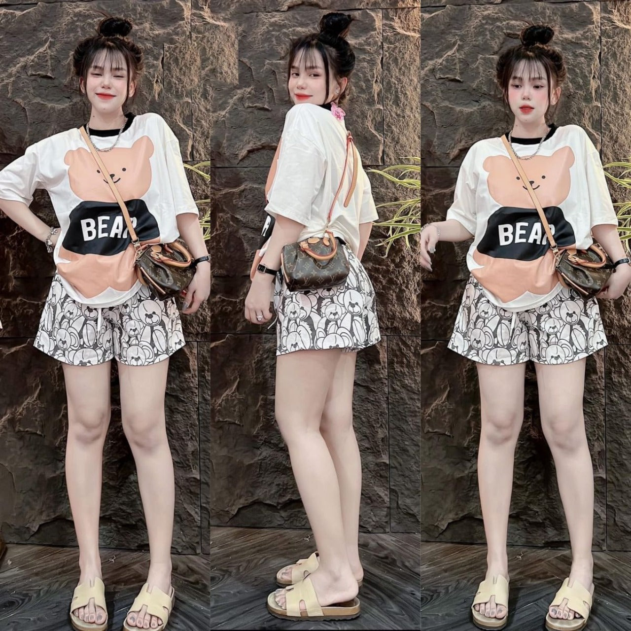 Bear Pattern Short Sleeve T-shirt & Shorts for Women