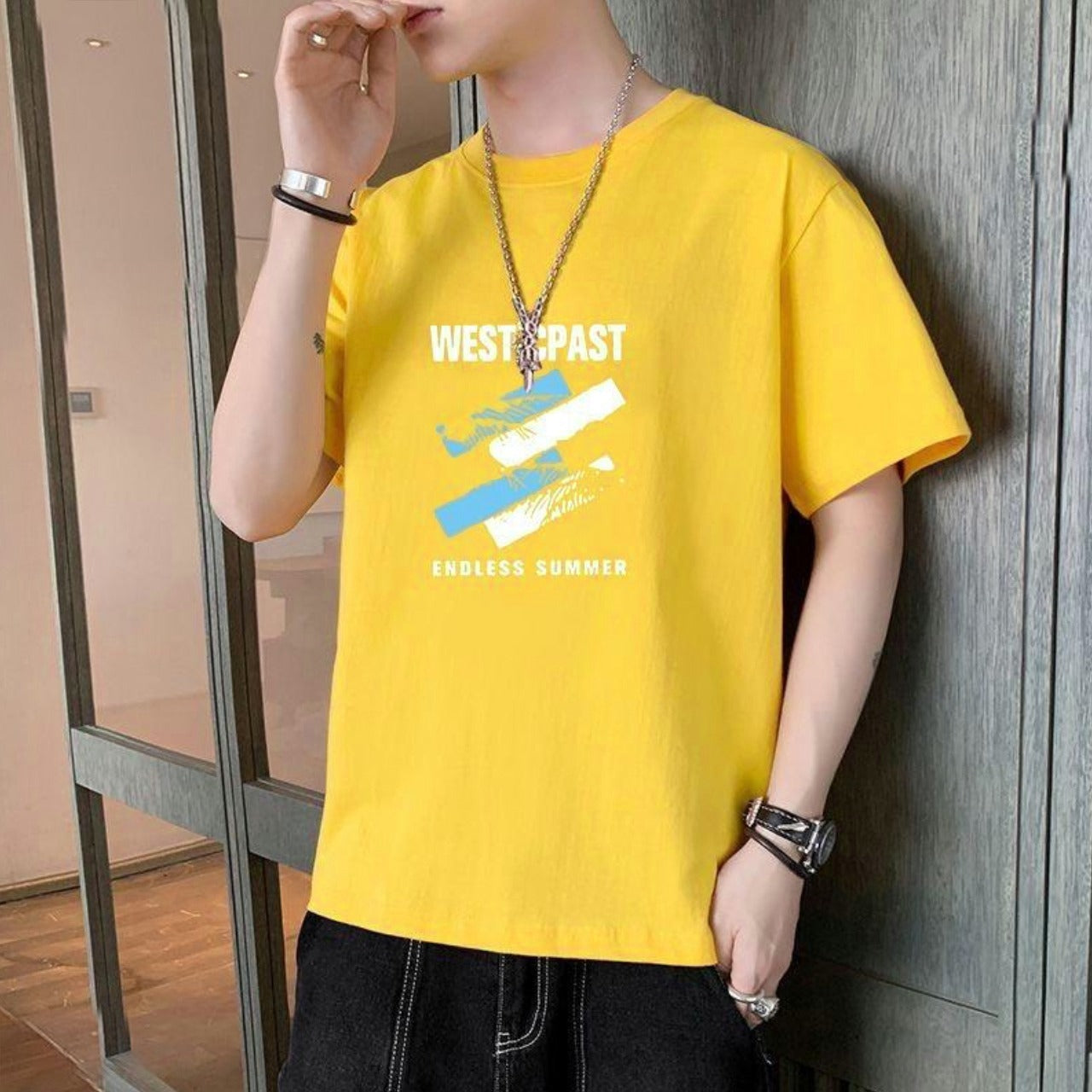 Round Neck Text & Grapics Printed Fashion T-shirt for Men