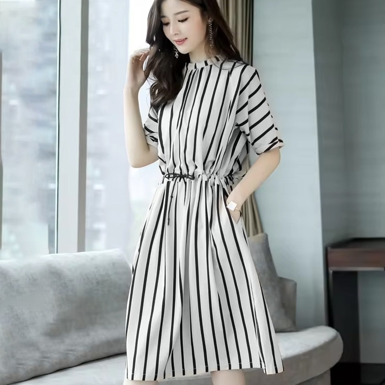 Western Style Stripe Casual Korean Street Mid-Length Dress