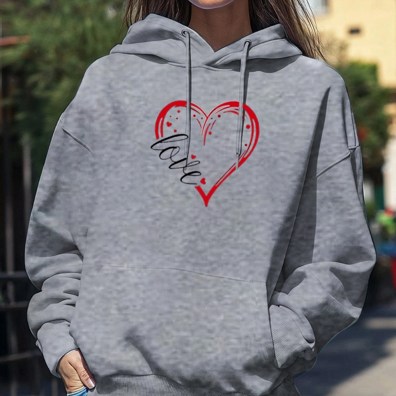 Love Pattern Full Sleeve Loose Fit Hoodies for Women