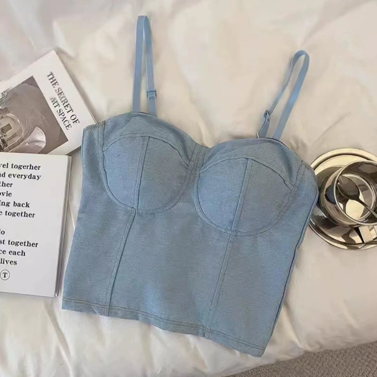Push Up Denim Style Crop Top Solid for Women