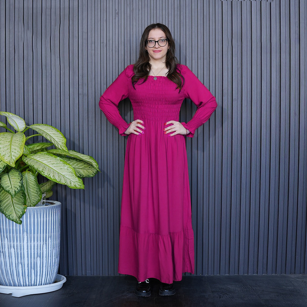 Solid Color Full Sleeve Square Neck Long Gown Dress for Women
