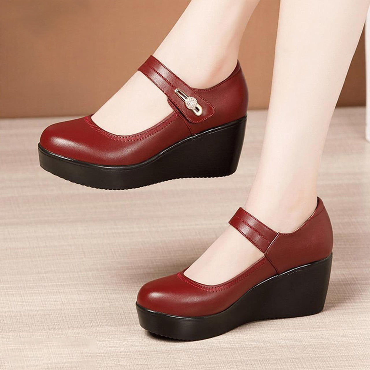 Buckle Strap Design Solid Color Leather Wedge Heel Shoes for Women