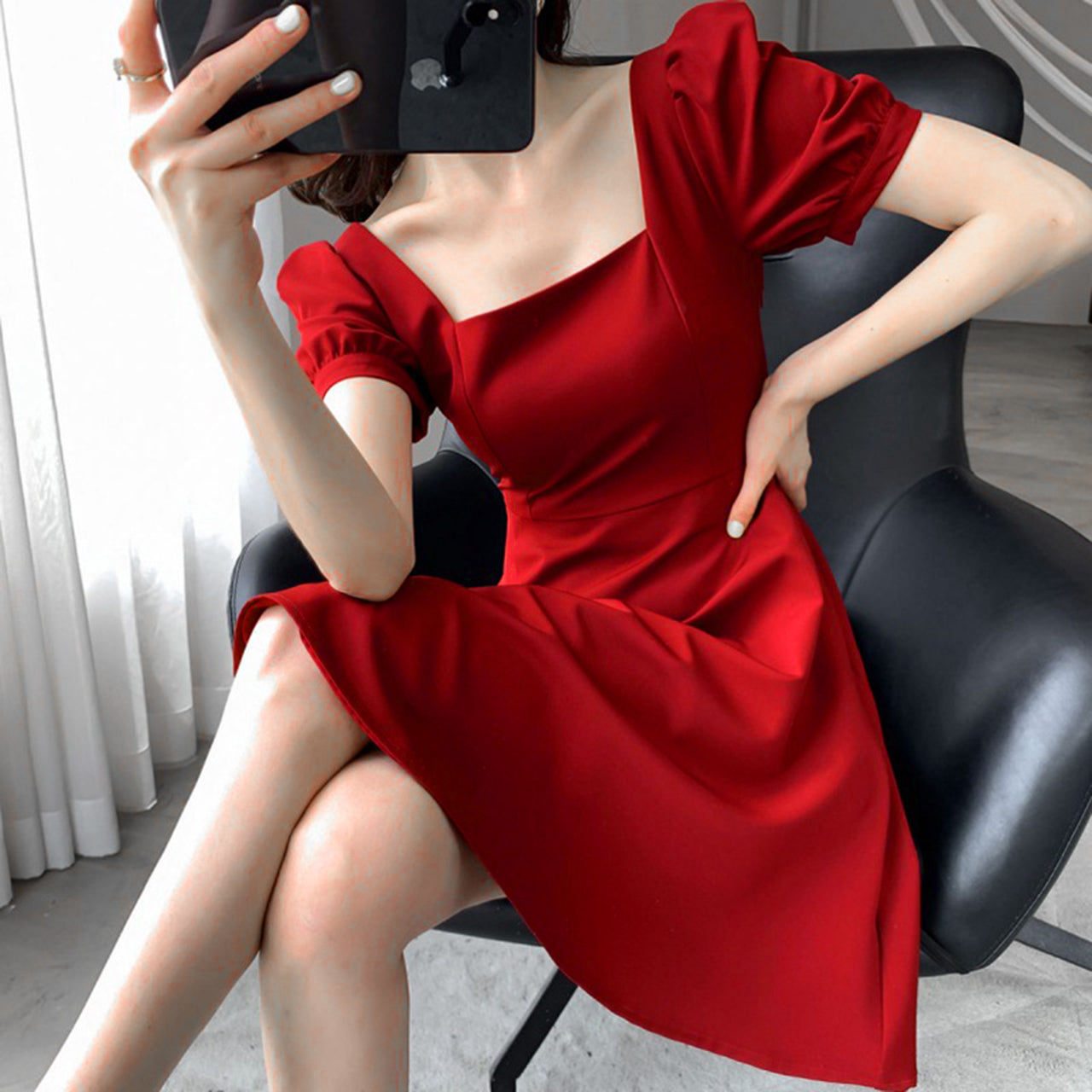 Fashion Party Style Square Neck Solid Color Body-con A Line Dress for Girls