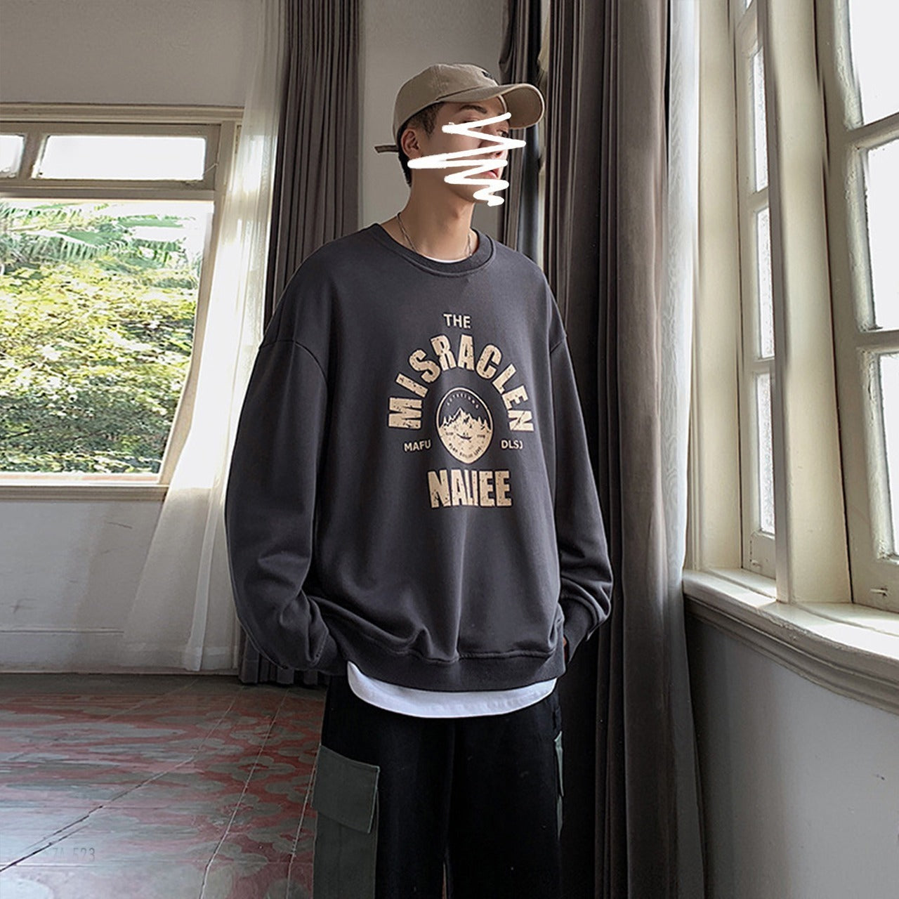 Round Neck Printed Short Sleeve Fashion Loose Fit Sweatshirt for Men