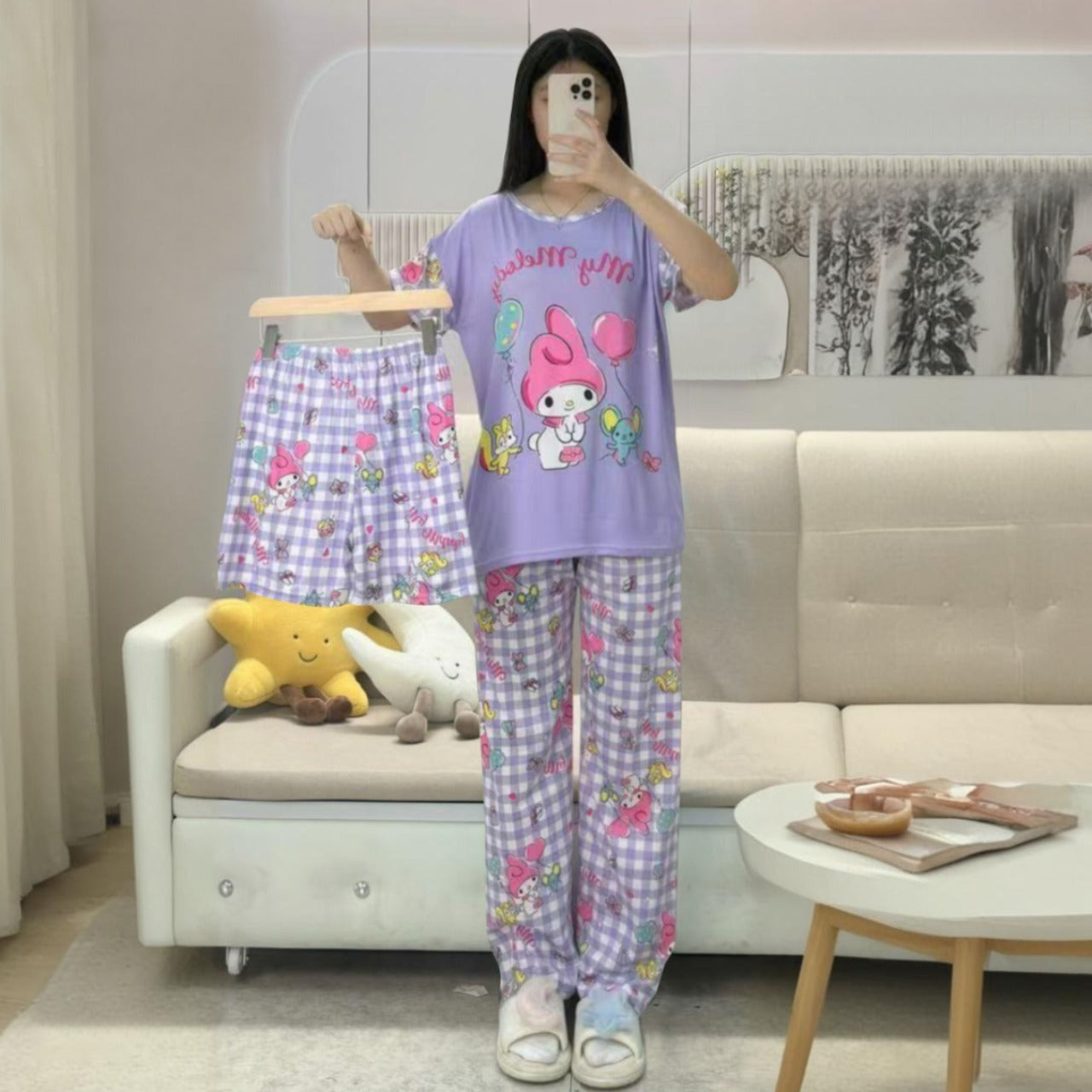 Printed Top & Checkered Pattern Pajama Pants for Ladies