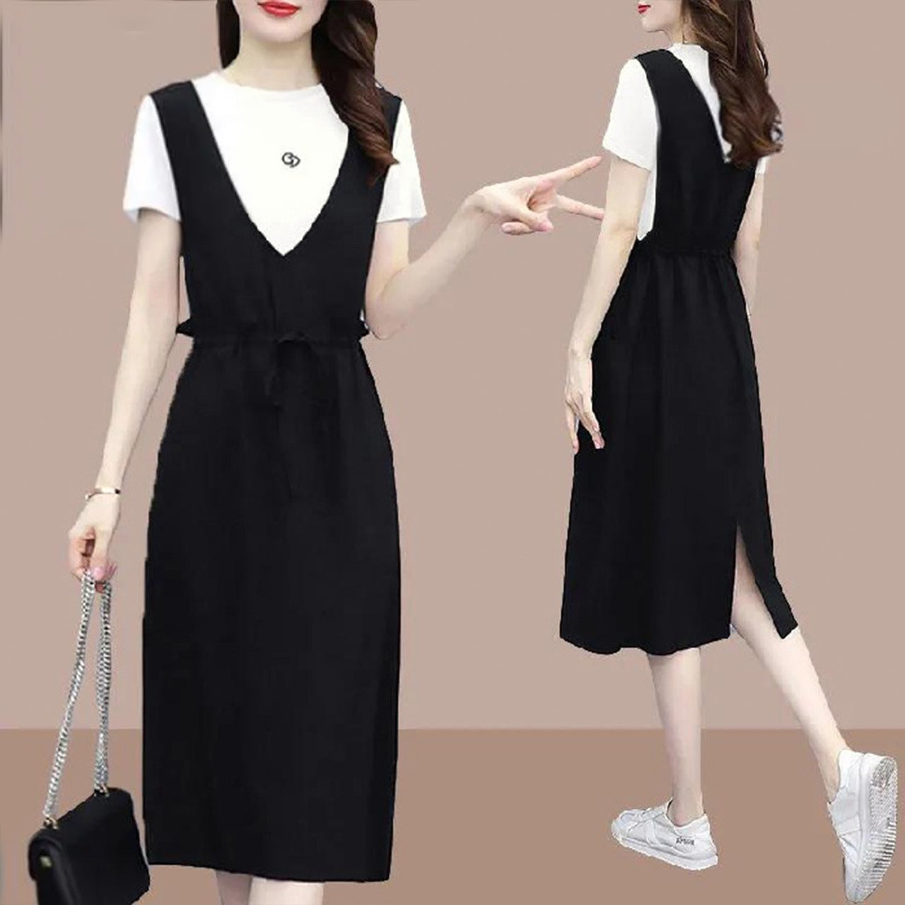 Fashion Loose Fit Mid-Length Drawstring Style Suspender Dress for Girls
