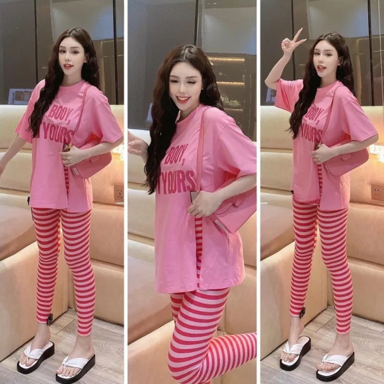 Printed Fashion Top Wear T Shirt & Striped Pants for Women