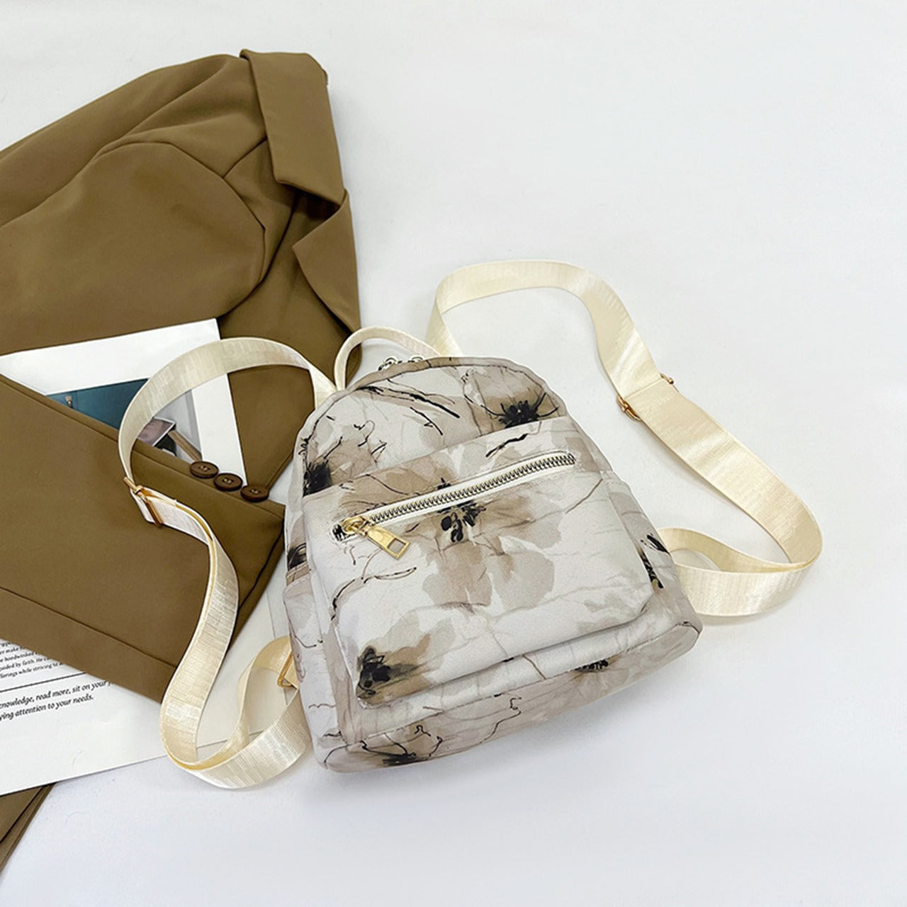 Minimal Small Floral Printed Backpack Bag for Women