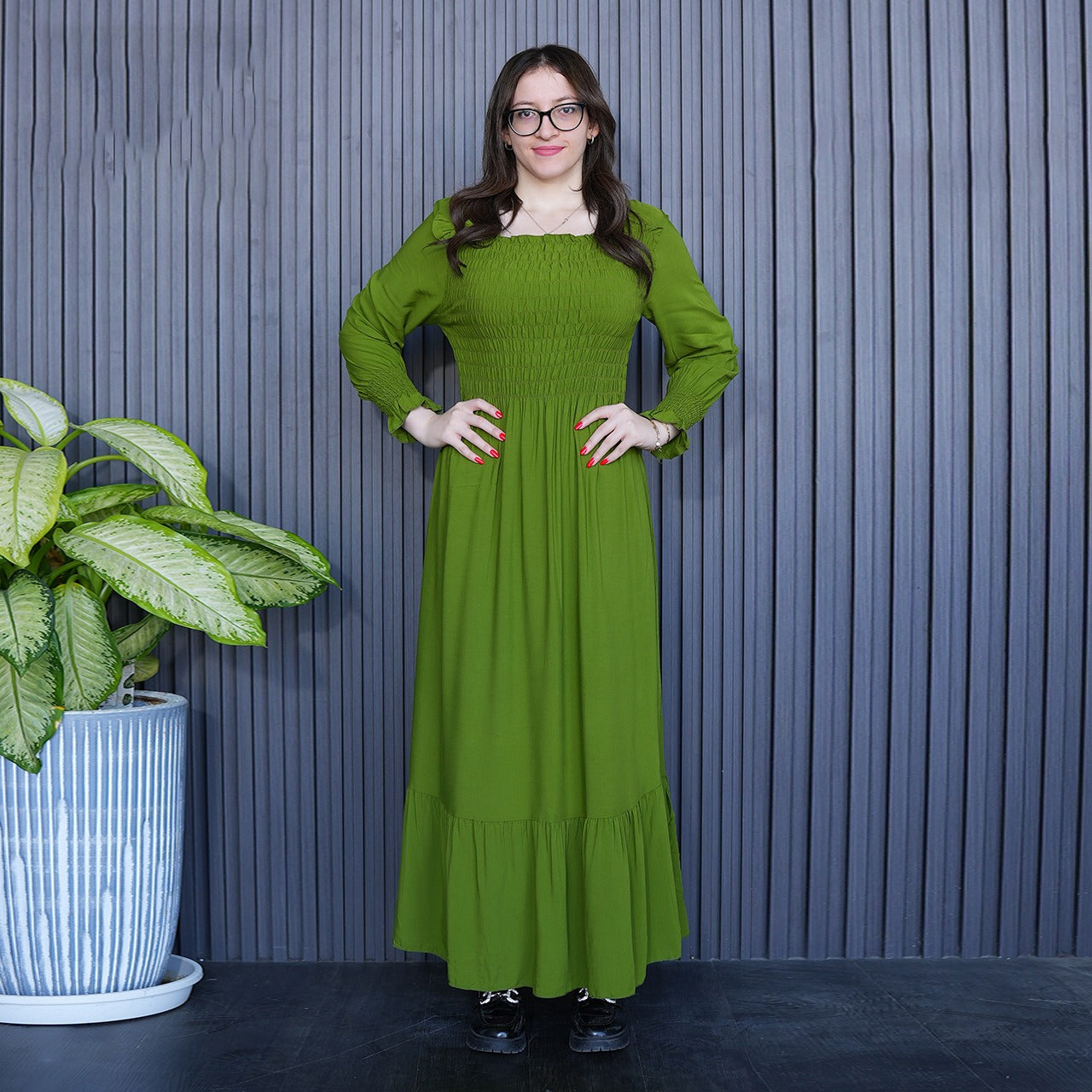 Solid Color Full Sleeve Square Neck Long Gown Dress for Women