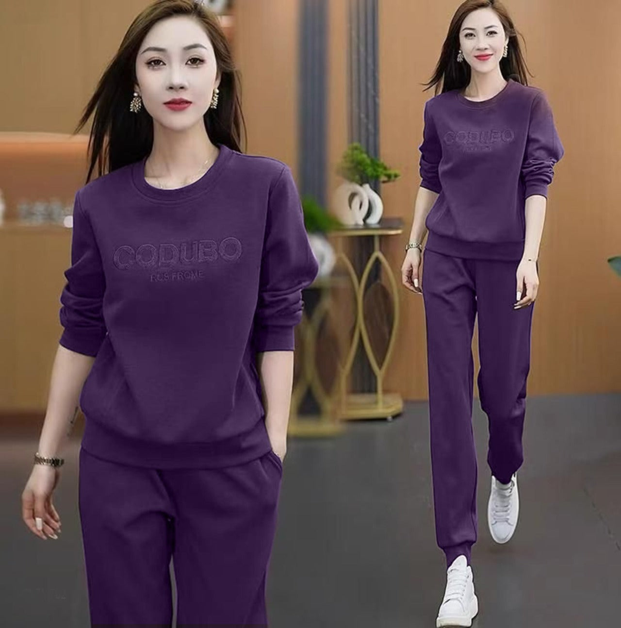Korean Solid Color Round Neck T-shirt & Long Pants for Women