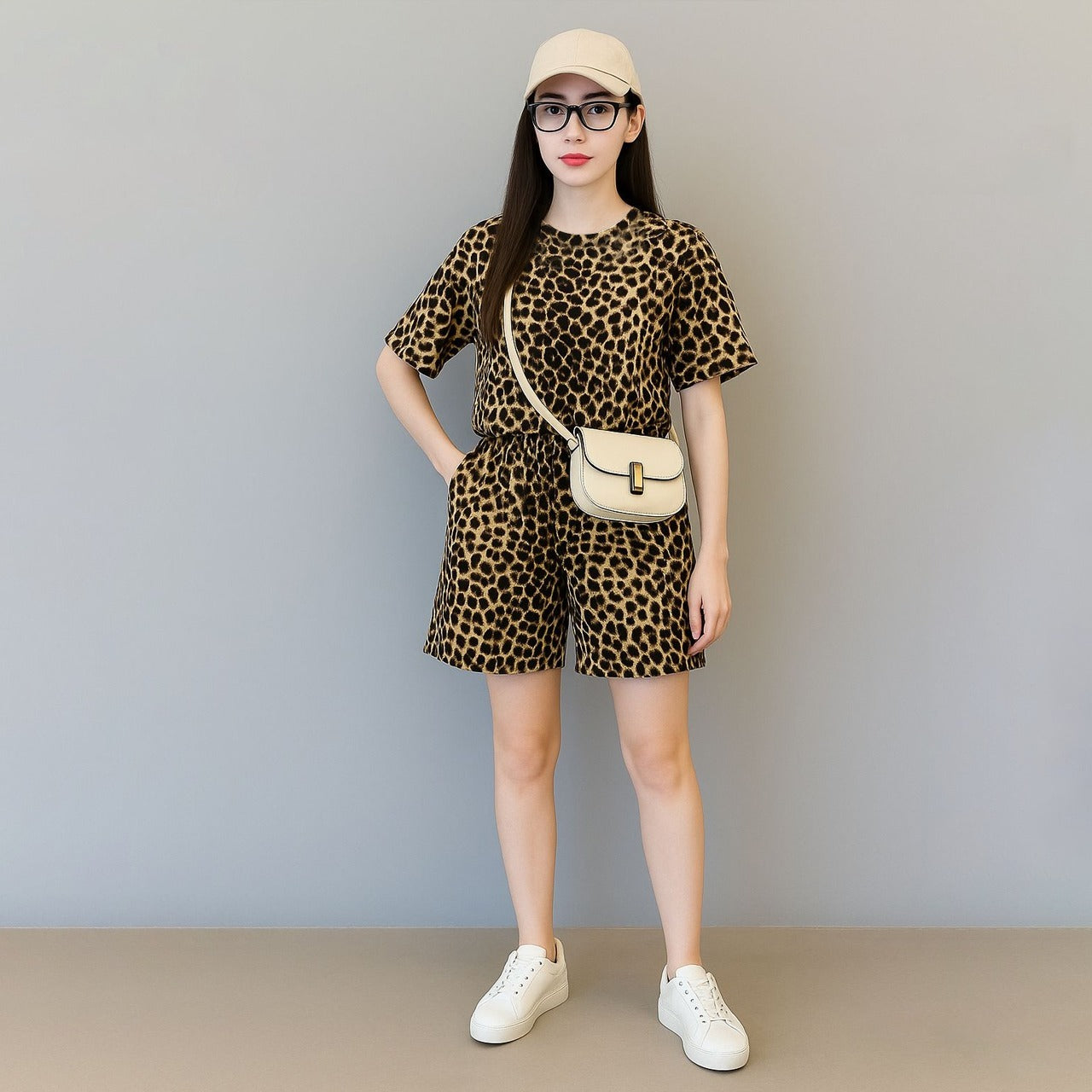 Animal Printed Fashion Short Sleeve Top & Shorts for Women