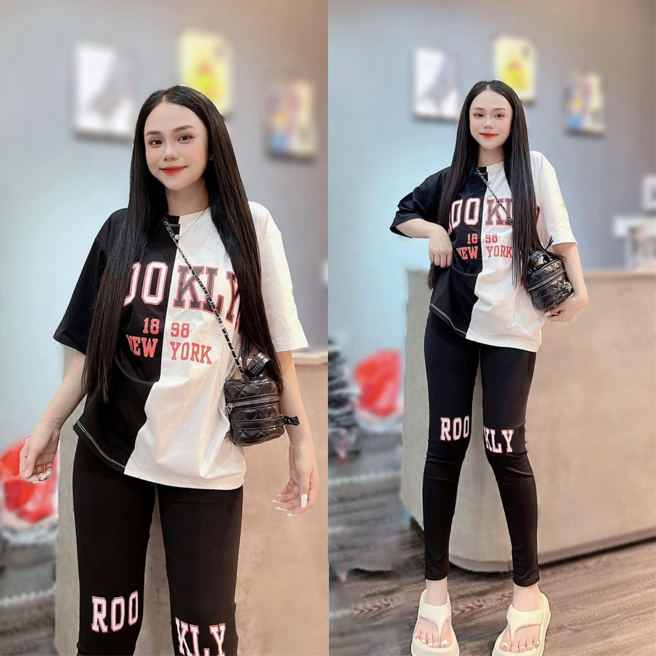 Text Printed Dual Color T-shirt & Slim Fit Pant for Women
