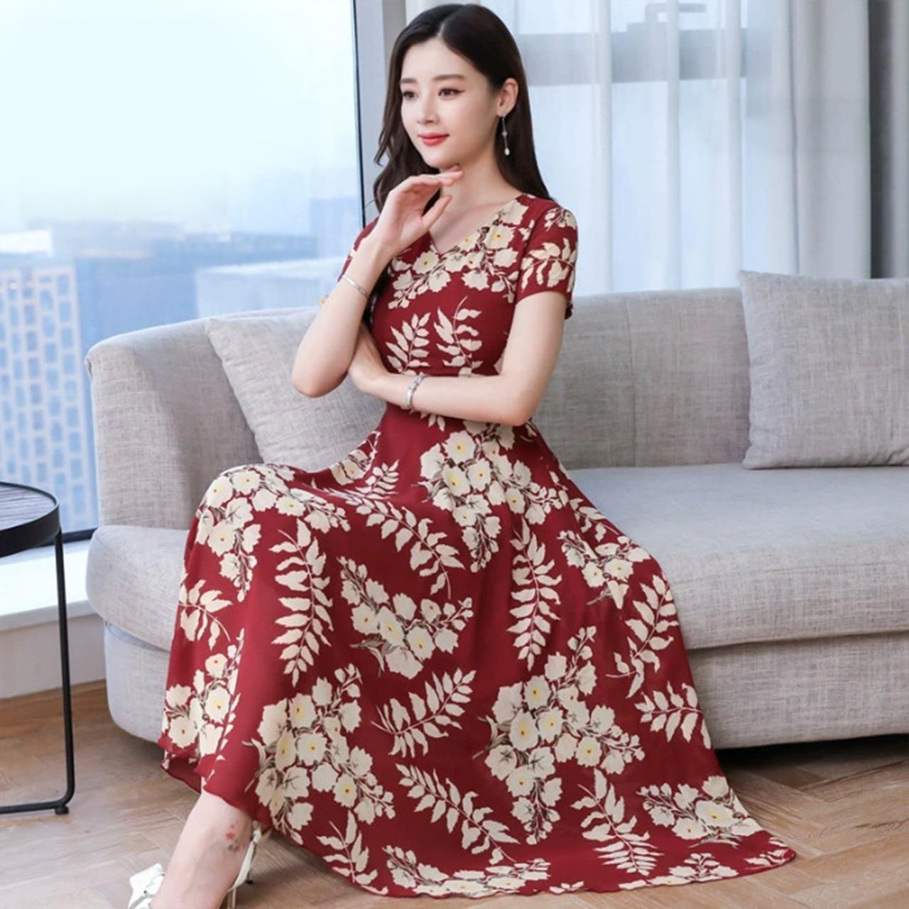 Summer Fashion Print Short Sleeve V-Neck Dress for Women