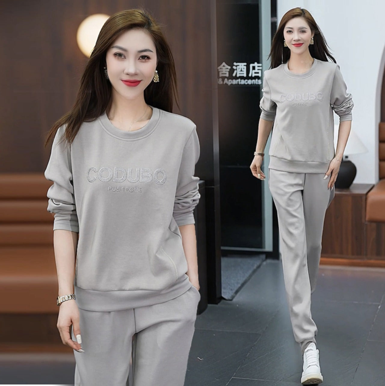 Korean Solid Color Round Neck T-shirt & Long Pants for Women