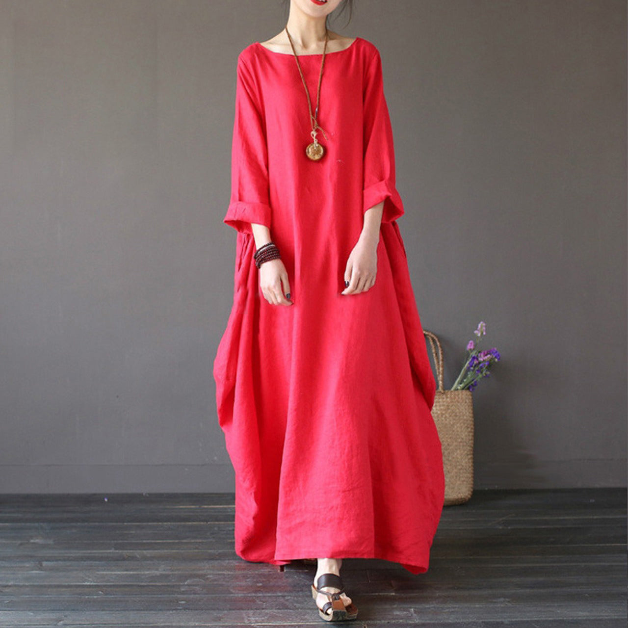 Solid Color Vintage Bat Sleeve Fashion Oversize Long Dress for Women