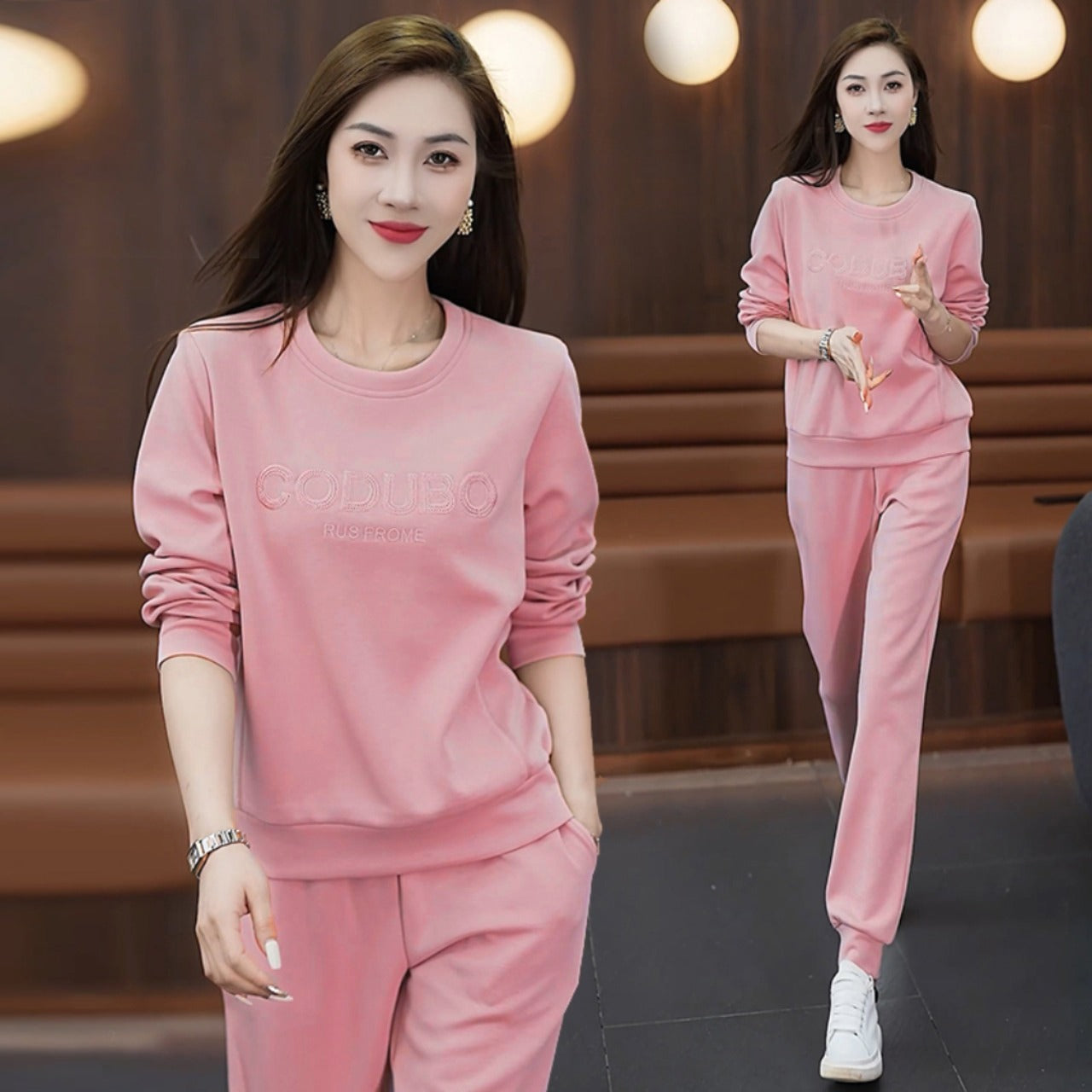 Korean Solid Color Round Neck T-shirt & Long Pants for Women