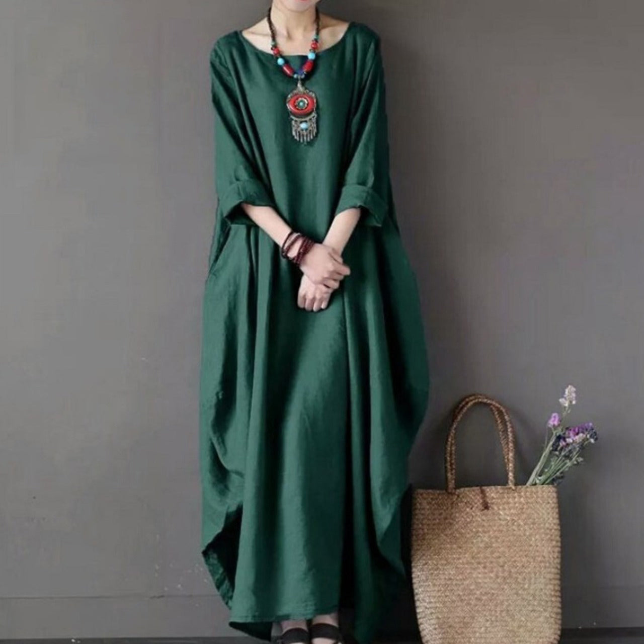 Solid Color Vintage Bat Sleeve Fashion Oversize Long Dress for Women
