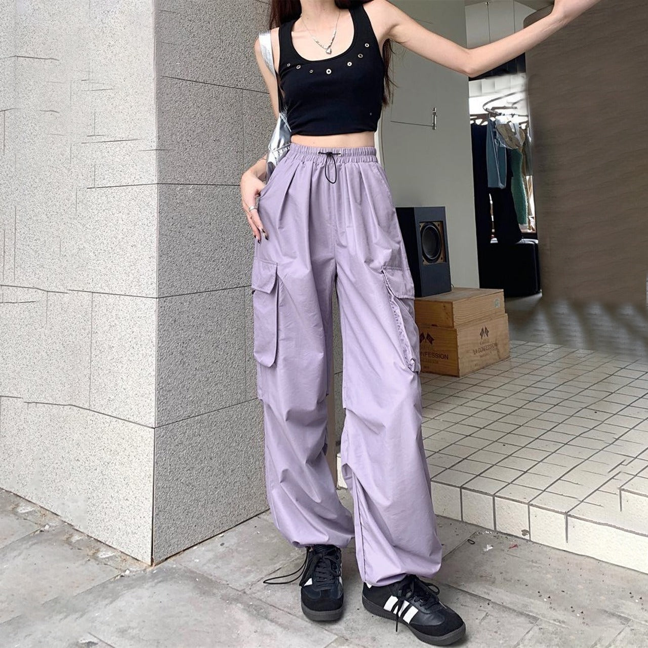 Solid Color Loose Fit Cargo Pant for Women