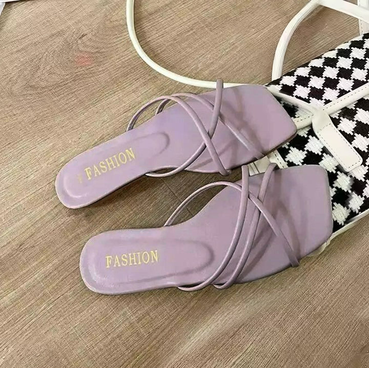 Trendy Simple Square Head Fashion Light Strap Flat Sandals for Women