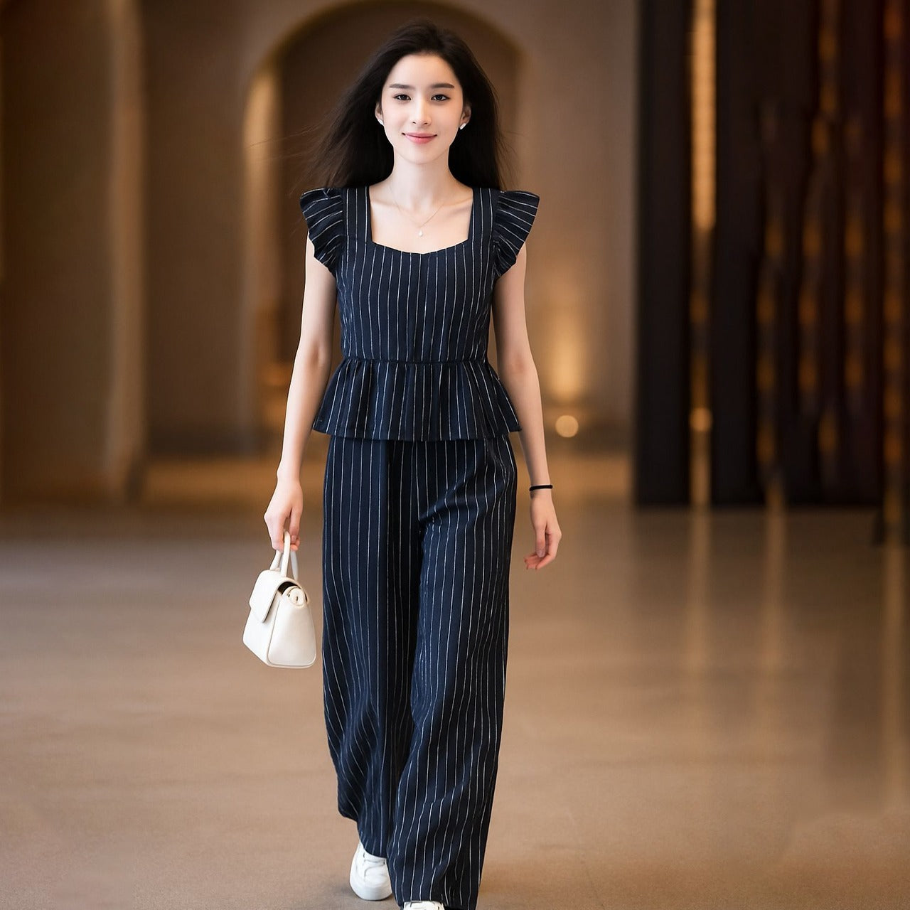 Striped Pattern Office Fashion Party Wear Wide Leg Pant & Suit Set for Women