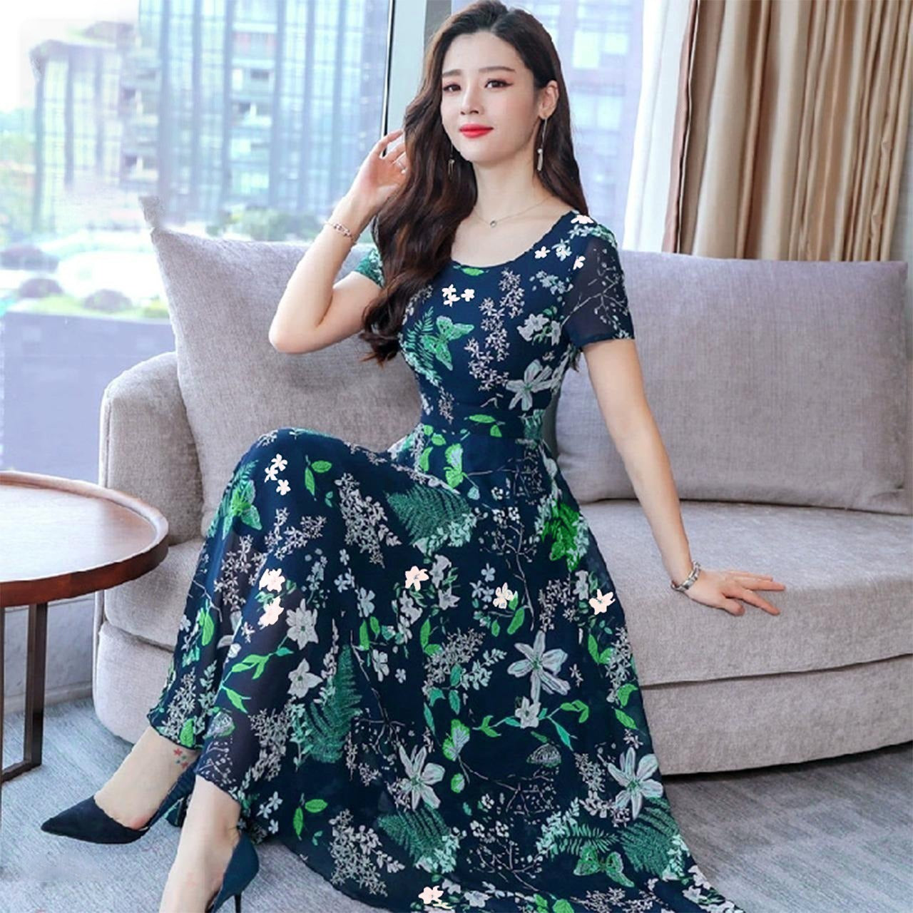 Short Sleeve Floral Style A Line Round Neck Dress for Women