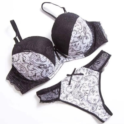 Embroidery Floral Print Lace-Up Bra & Panties for Women