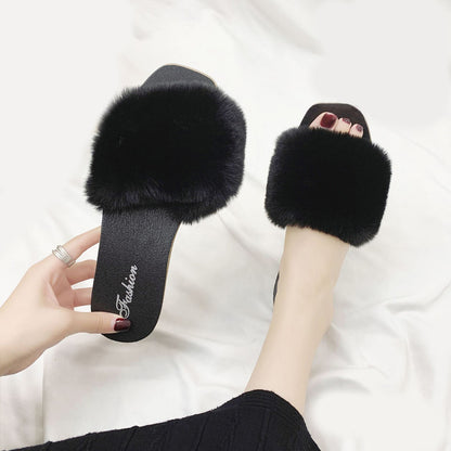 Indoor Solid Color Women's Faux Fur Flat Sandals