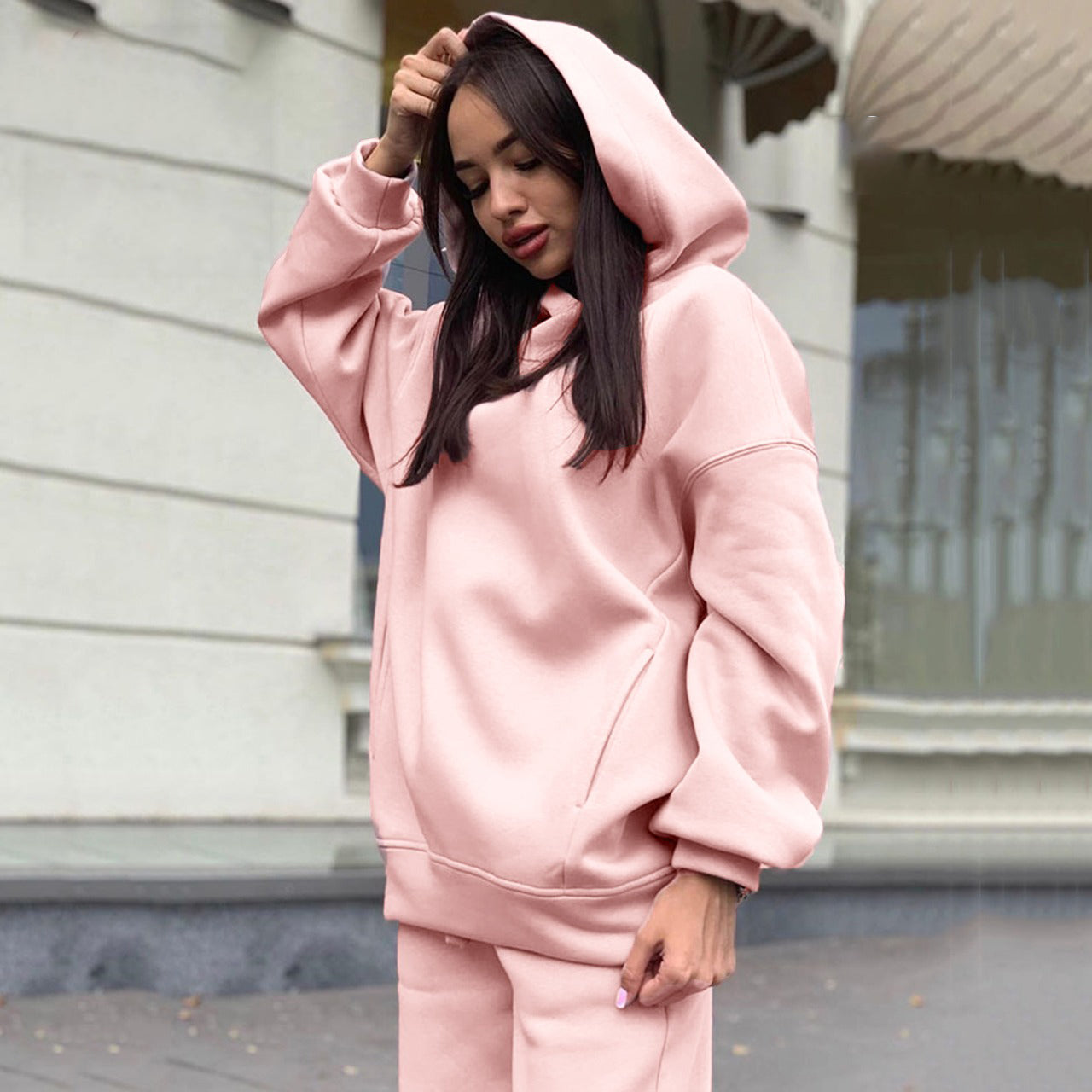 Solid Color Fashion Hooded Loose Fit Tracksuit &amp; Pant for women