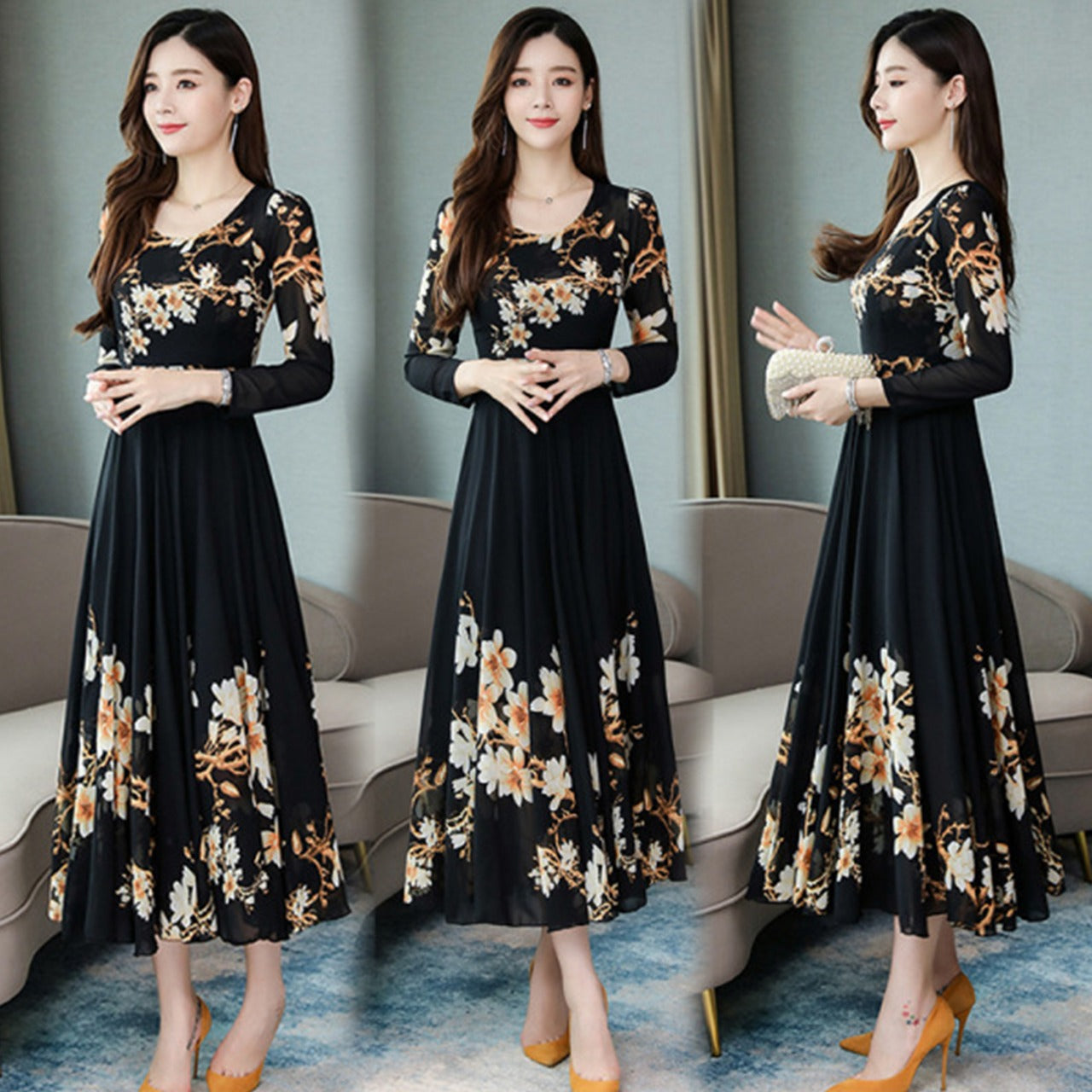 Floral Printed Fashion Long Sleeve Casual Dress for Women