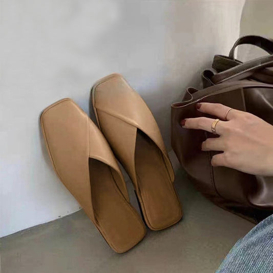 New Fashion Solid Color Flat Open Square Toe Sandals for Girls