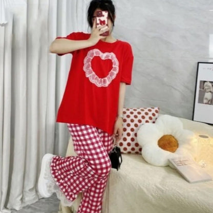 Heart Printed Fashion Short Sleeve T-Shirt & Check Pant for Women