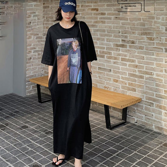 Graphics Printed Korean Fashion Knee Length A Line Dress for Women