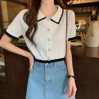 American Lycra Fashion Lapel Collar Crop Top for Women