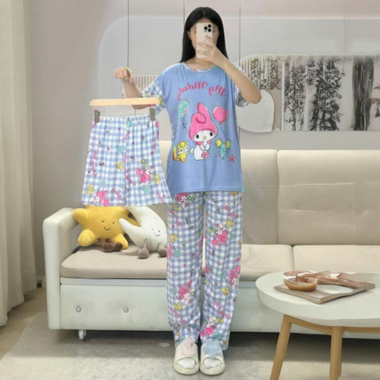 Printed Top & Checkered Pattern Pajama Pants for Ladies