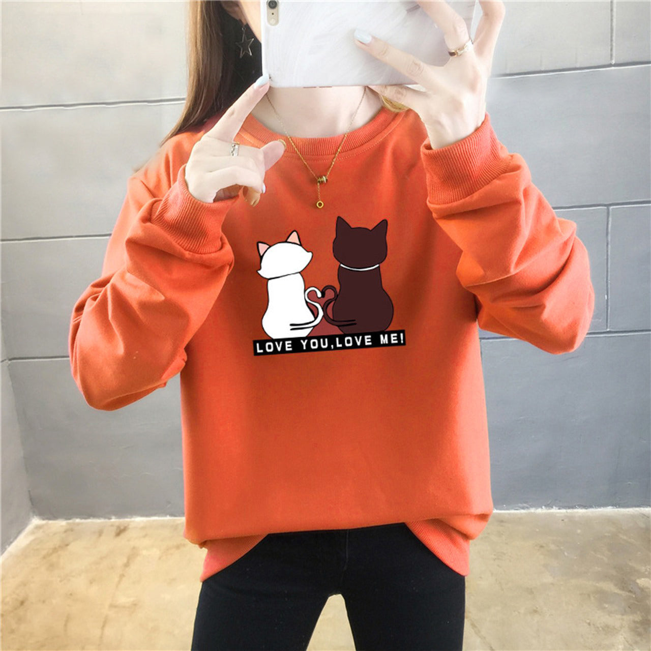 Solid Color Cat Printed Style Round Neck Pullover T-Shirt for Ladies