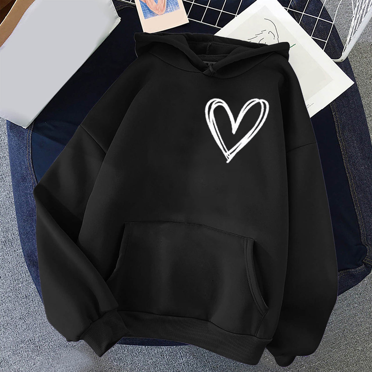 Simple Heart Printed Solid Color Loose Fit Hoodies for Women