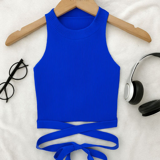 Solid Ribbed Fashion High Neck Fashion Tank Top for Women