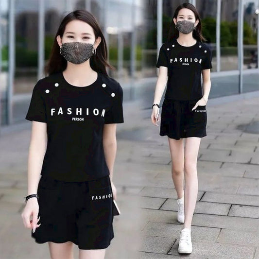 Sports Walking Solid T-Shirt & Shorts Suit Dress for Women