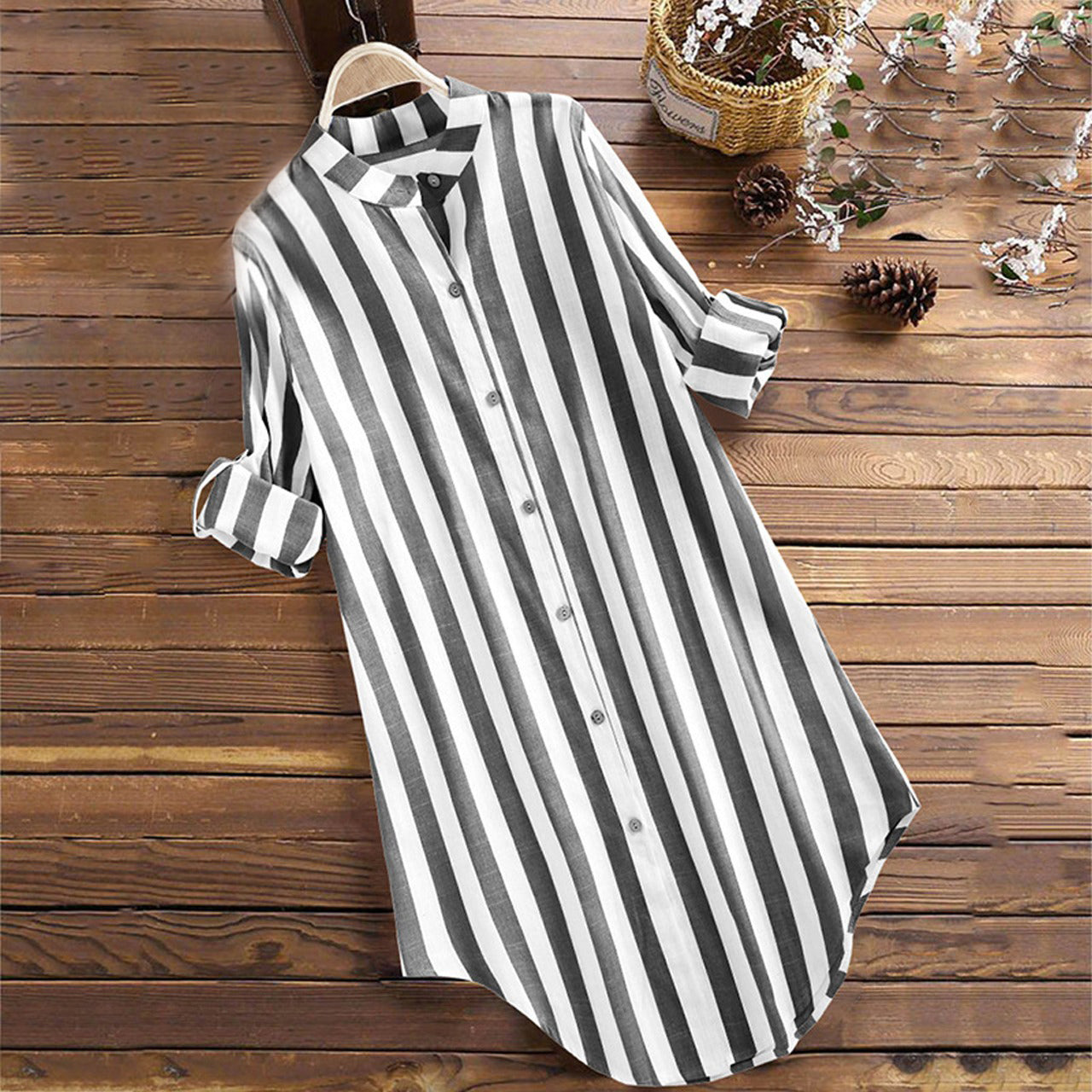 Elegant Striped Pattern Cotton Long Shirt for Women