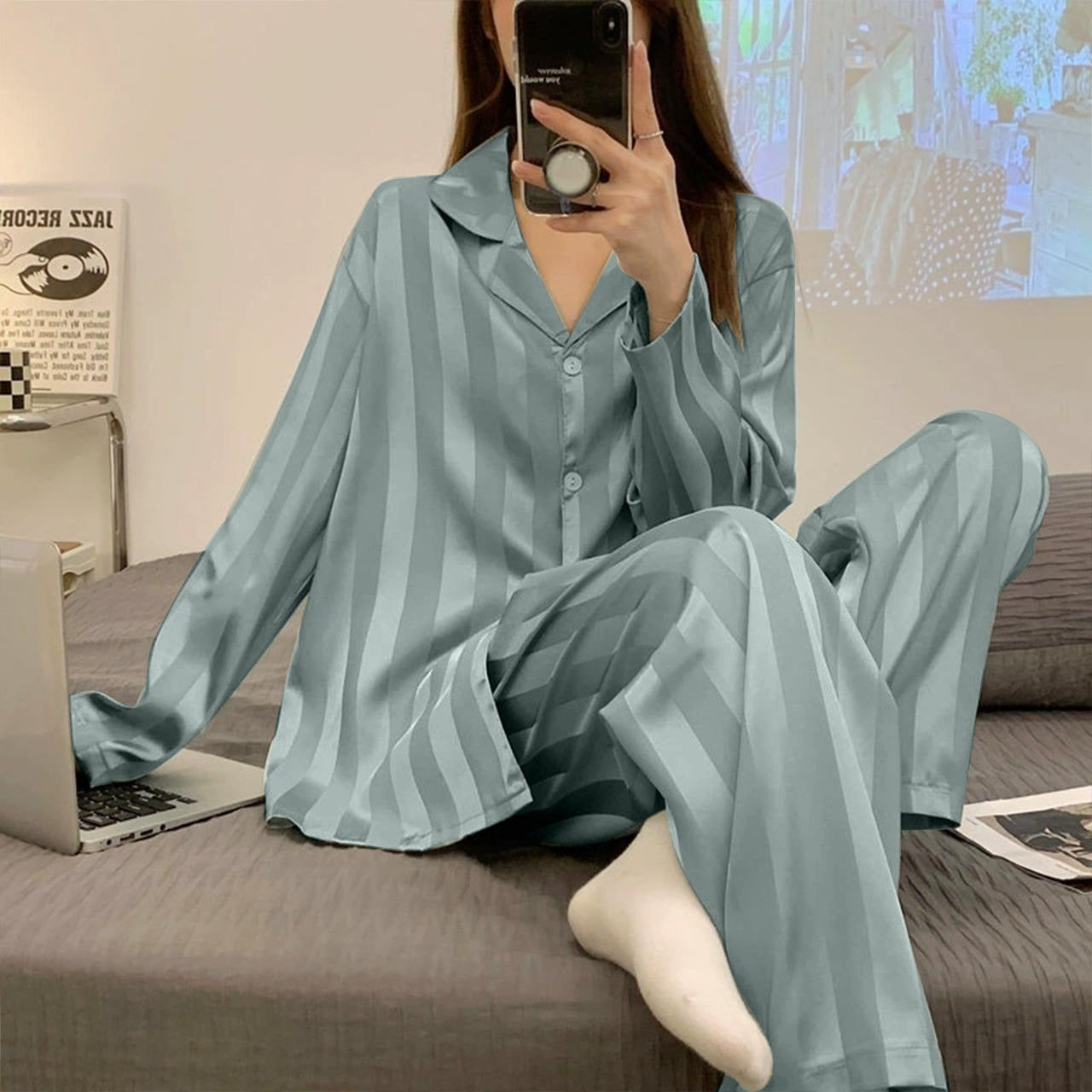 Silik Satin Striped Fashion Pajama for Ladies