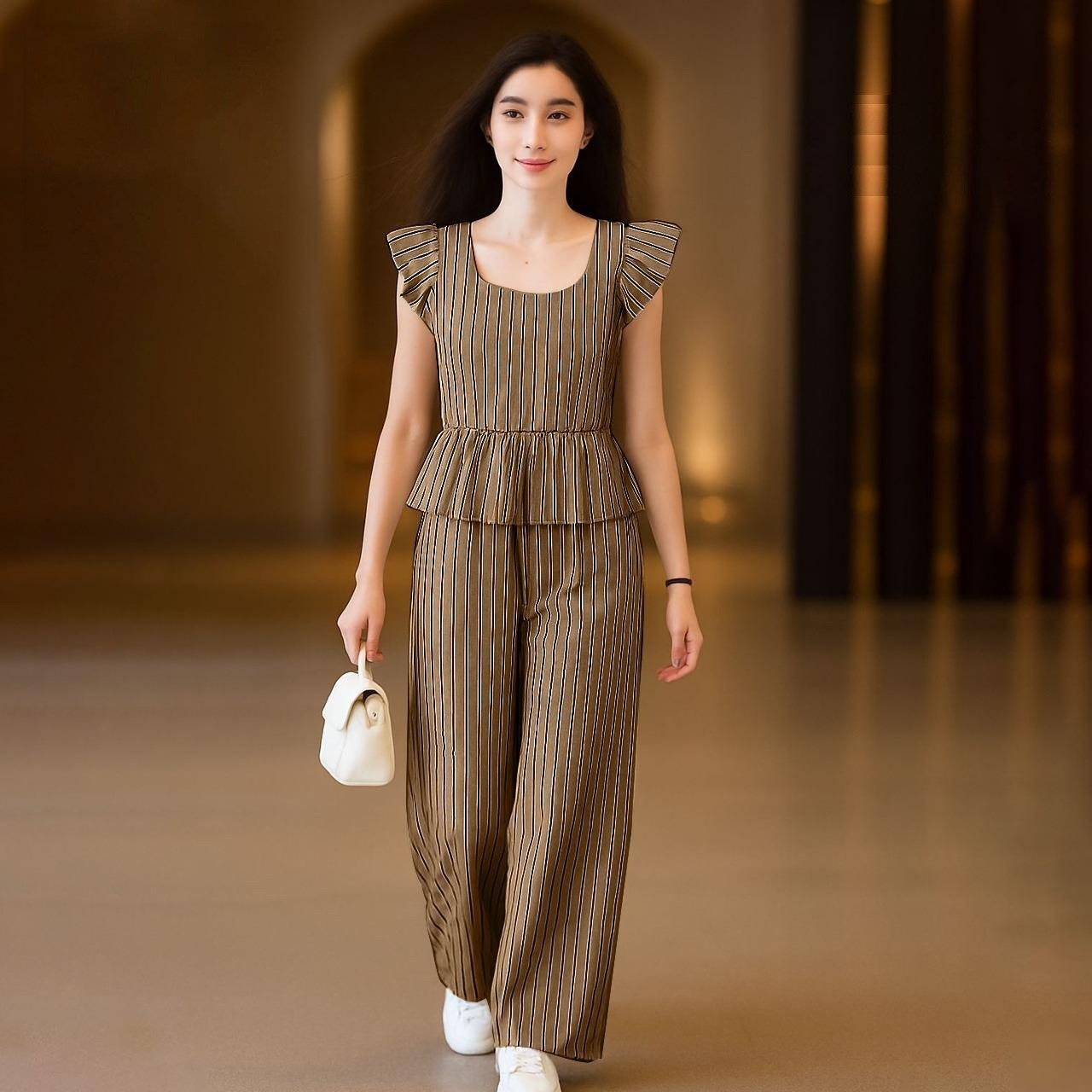 Striped Pattern Office Fashion Party Wear Wide Leg Pant & Suit Set for Women