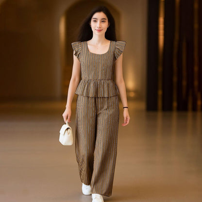 Striped Pattern Office Fashion Party Wear Wide Leg Pant & Suit Set for Women