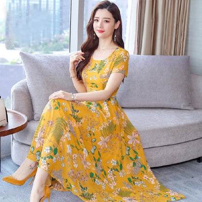 Short Sleeve Floral Style A Line Round Neck Dress for Women
