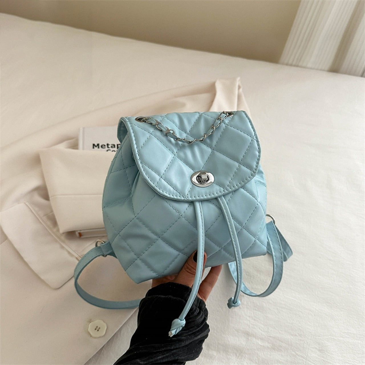 Minimal Solid Color Cosmetics Carry Hand Backpack Bag for Women