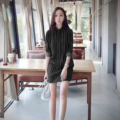 Collar Striped Pattern Long Korean Style Shirt for Girls