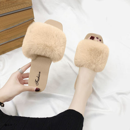 Indoor Solid Color Women's Faux Fur Flat Sandals