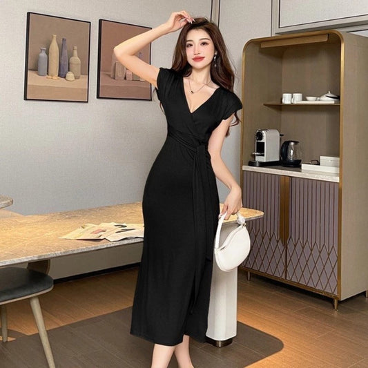 Latest Maxi Full Length Solid V Neck Dress for Women