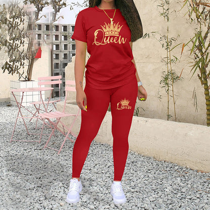 Queen Text Printed Solid Color Style T-Shirt & Pant for Women