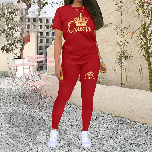 Queen Text Printed Solid Color Style T-Shirt & Pant for Women
